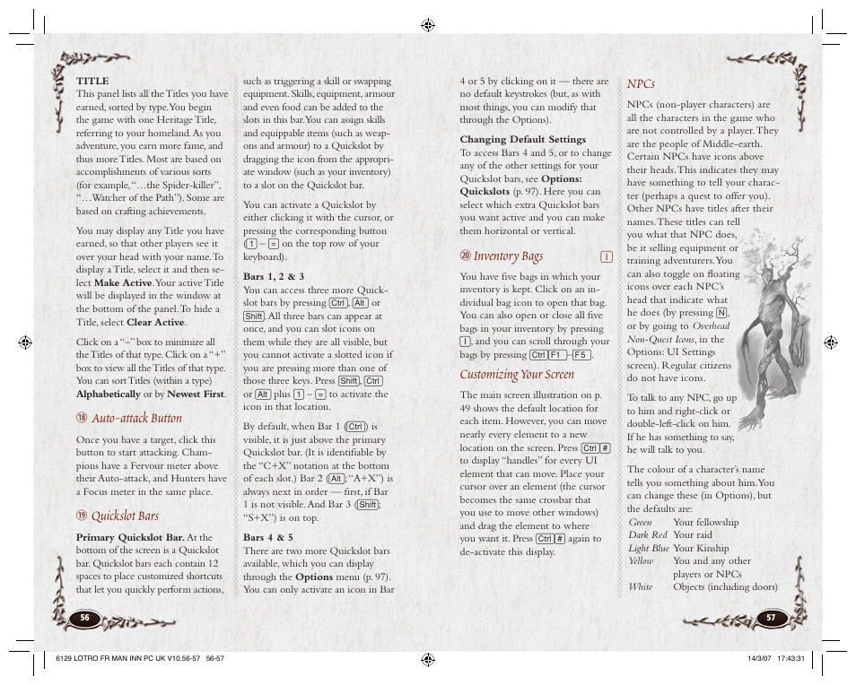 Auto-attack button, Quickslot bars, Inventory bags | Customizing your screen, Npcs | CodeMasters Lord Of the Rings Online - Shadows of Angmar for PC User Manual | Page 30 / 65