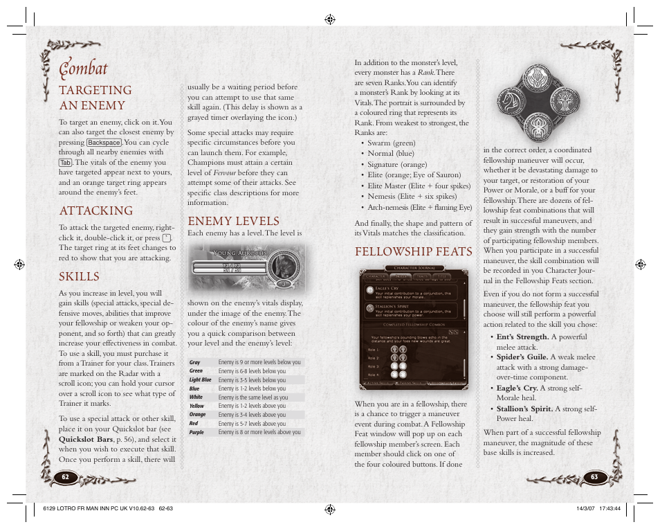 Combat, Targeting an enemy, Attacking | Skills, Enemy levels, Fellowship feats | CodeMasters Lord Of the Rings Online - Shadows of Angmar for PC User Manual | Page 33 / 65