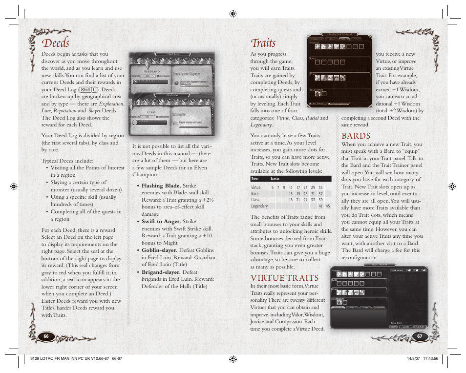 Deeds traits, Virtue traits, Bards | CodeMasters Lord Of the Rings Online - Shadows of Angmar for PC User Manual | Page 35 / 65