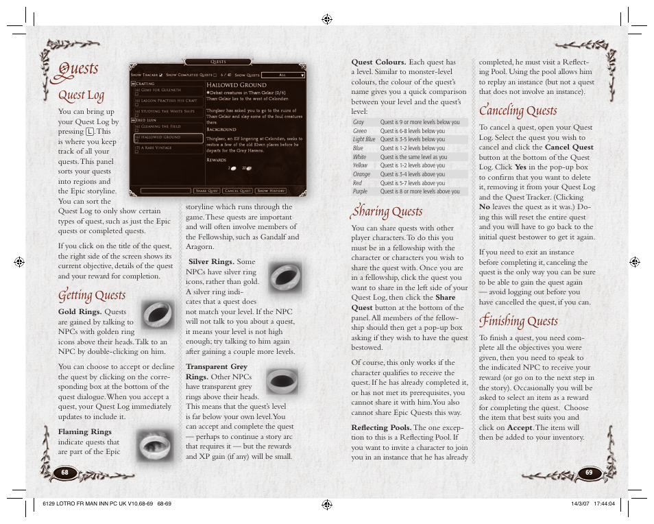 Quests, Sharing quests, Canceling quests | Finishing quests, Quest log, Getting quests | CodeMasters Lord Of the Rings Online - Shadows of Angmar for PC User Manual | Page 36 / 65