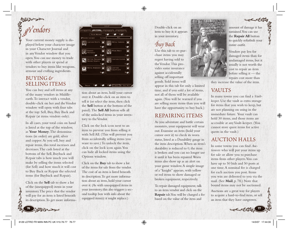 Vendors, Buying & selling items, Buy back | Repairing items, Vaults, Auction halls | CodeMasters Lord Of the Rings Online - Shadows of Angmar for PC User Manual | Page 40 / 65