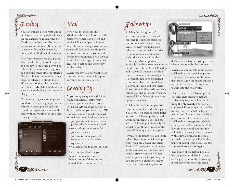 Fellowships trading, Mail, Leveling up | CodeMasters Lord Of the Rings Online - Shadows of Angmar for PC User Manual | Page 41 / 65