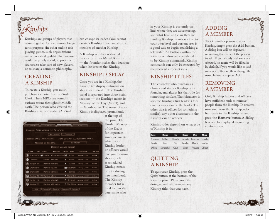 Kinships, Kinship titles, Quitting a kinship | Adding a member, Removing a member, Creating a kinship, Kinship display | CodeMasters Lord Of the Rings Online - Shadows of Angmar for PC User Manual | Page 43 / 65