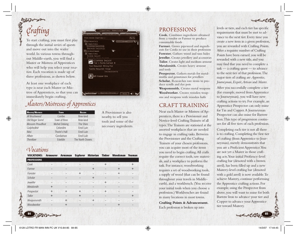 Crafting, Professions, Craft training | Vocations, Masters/mistresses of apprentices | CodeMasters Lord Of the Rings Online - Shadows of Angmar for PC User Manual | Page 44 / 65