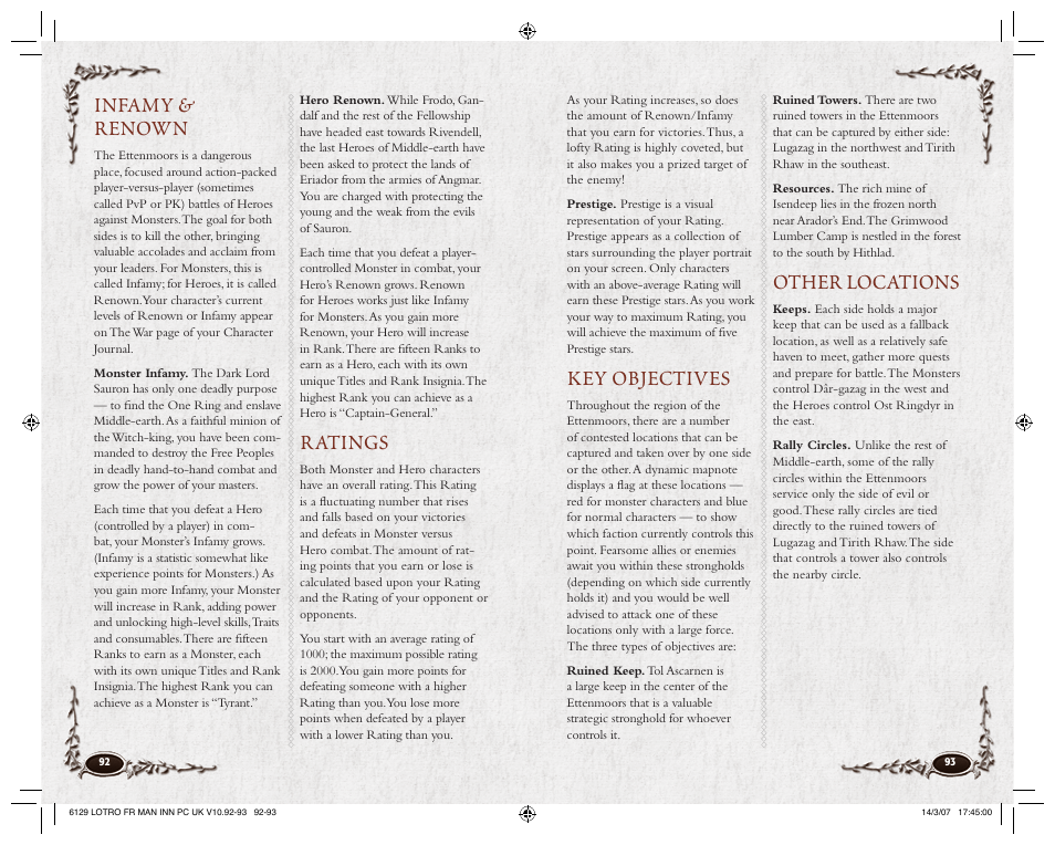 Infamy & renown, Ratings, Key objectives | Other locations | CodeMasters Lord Of the Rings Online - Shadows of Angmar for PC User Manual | Page 48 / 65