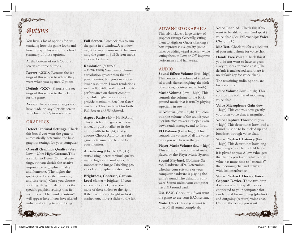 Options, Graphics, Advanced graphics | Audio | CodeMasters Lord Of the Rings Online - Shadows of Angmar for PC User Manual | Page 49 / 65