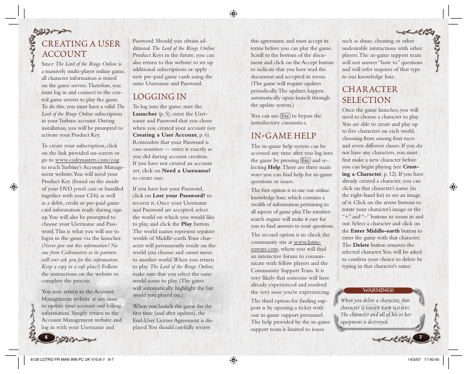 In-game help, Character selection, Creating a user account | Logging in | CodeMasters Lord Of the Rings Online - Shadows of Angmar for PC User Manual | Page 5 / 65