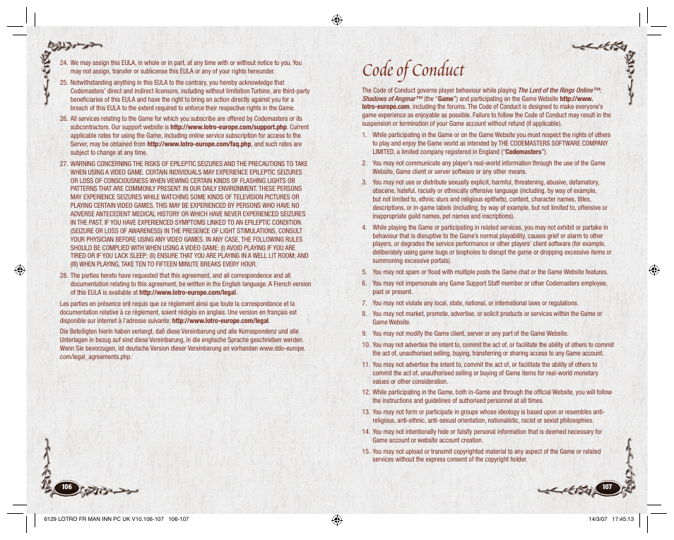 Code of conduct | CodeMasters Lord Of the Rings Online - Shadows of Angmar for PC User Manual | Page 55 / 65