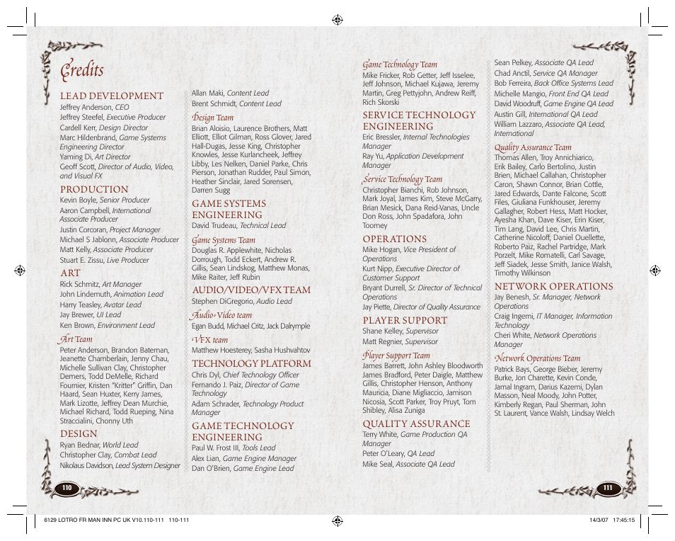 Credits, Service technology engineering, Operations | Player support, Quality assurance, Network operations, Lead development, Production, Design, Game systems engineering | CodeMasters Lord Of the Rings Online - Shadows of Angmar for PC User Manual | Page 57 / 65