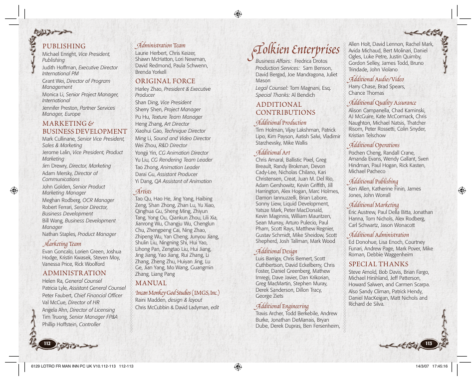 Tolkien enterprises, Additional contributions, Publishing | Marketing & business development, Administration, Original force, Manual | CodeMasters Lord Of the Rings Online - Shadows of Angmar for PC User Manual | Page 58 / 65