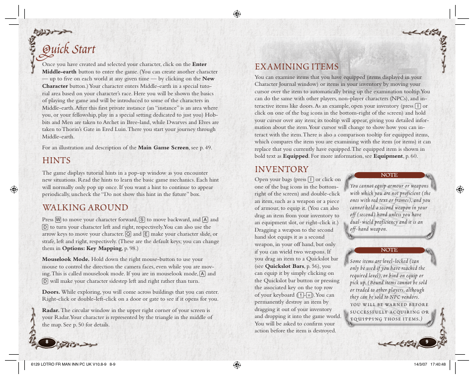 Quick start, Hints, Walking around | Examining items, Inventory | CodeMasters Lord Of the Rings Online - Shadows of Angmar for PC User Manual | Page 6 / 65