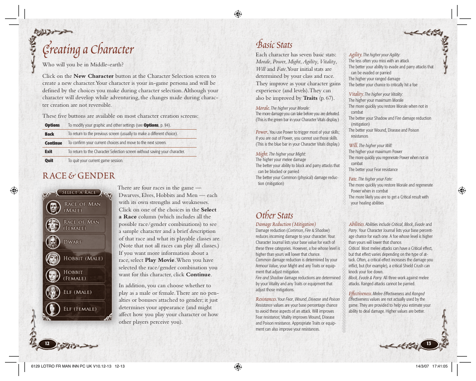 Creating a character, Basic stats, Other stats | Race & gender | CodeMasters Lord Of the Rings Online - Shadows of Angmar for PC User Manual | Page 8 / 65
