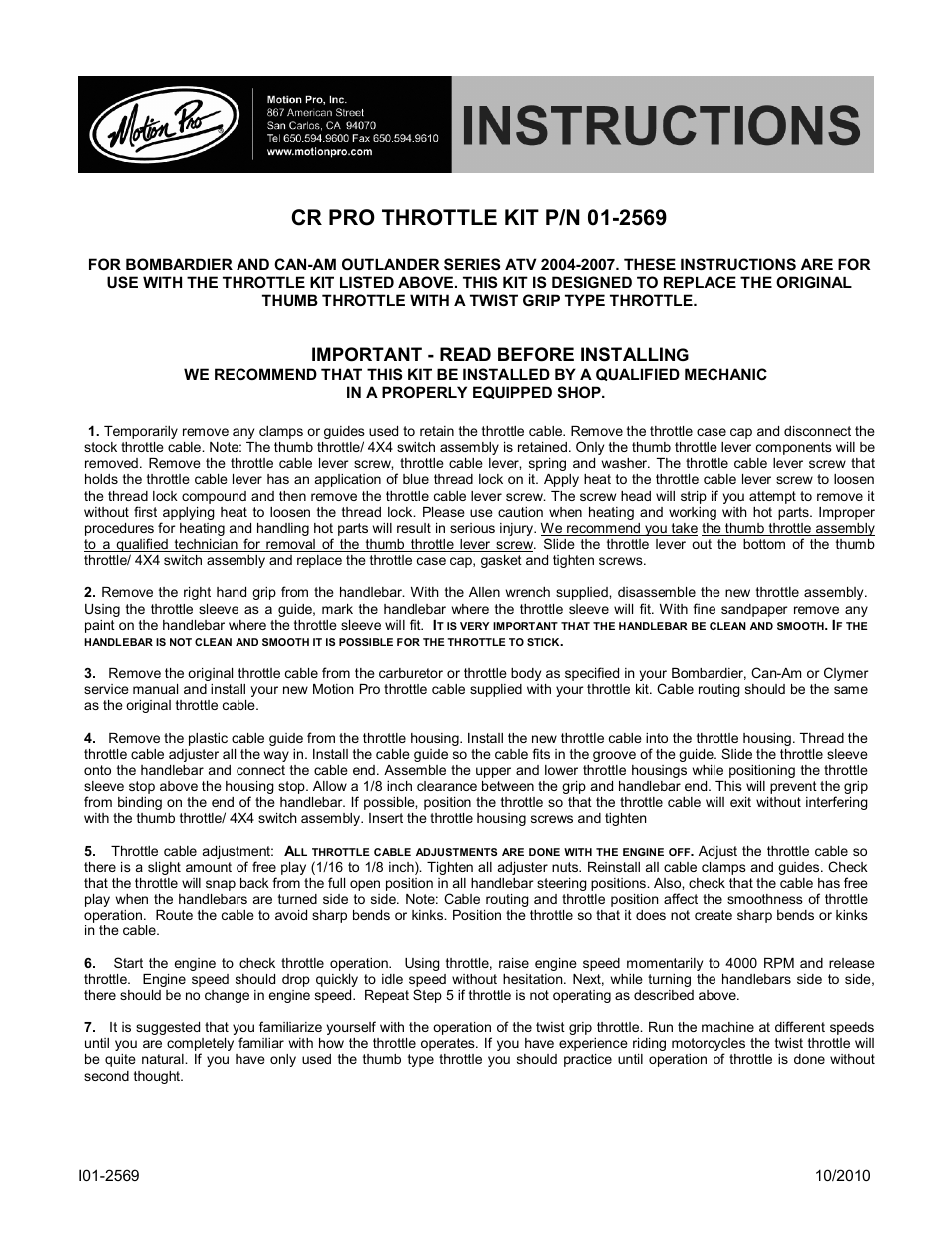 Motion Pro 01-2569 User Manual | 1 page