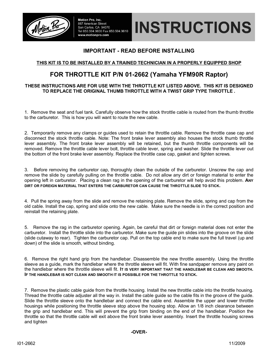 Motion Pro 01-2662 User Manual | 2 pages