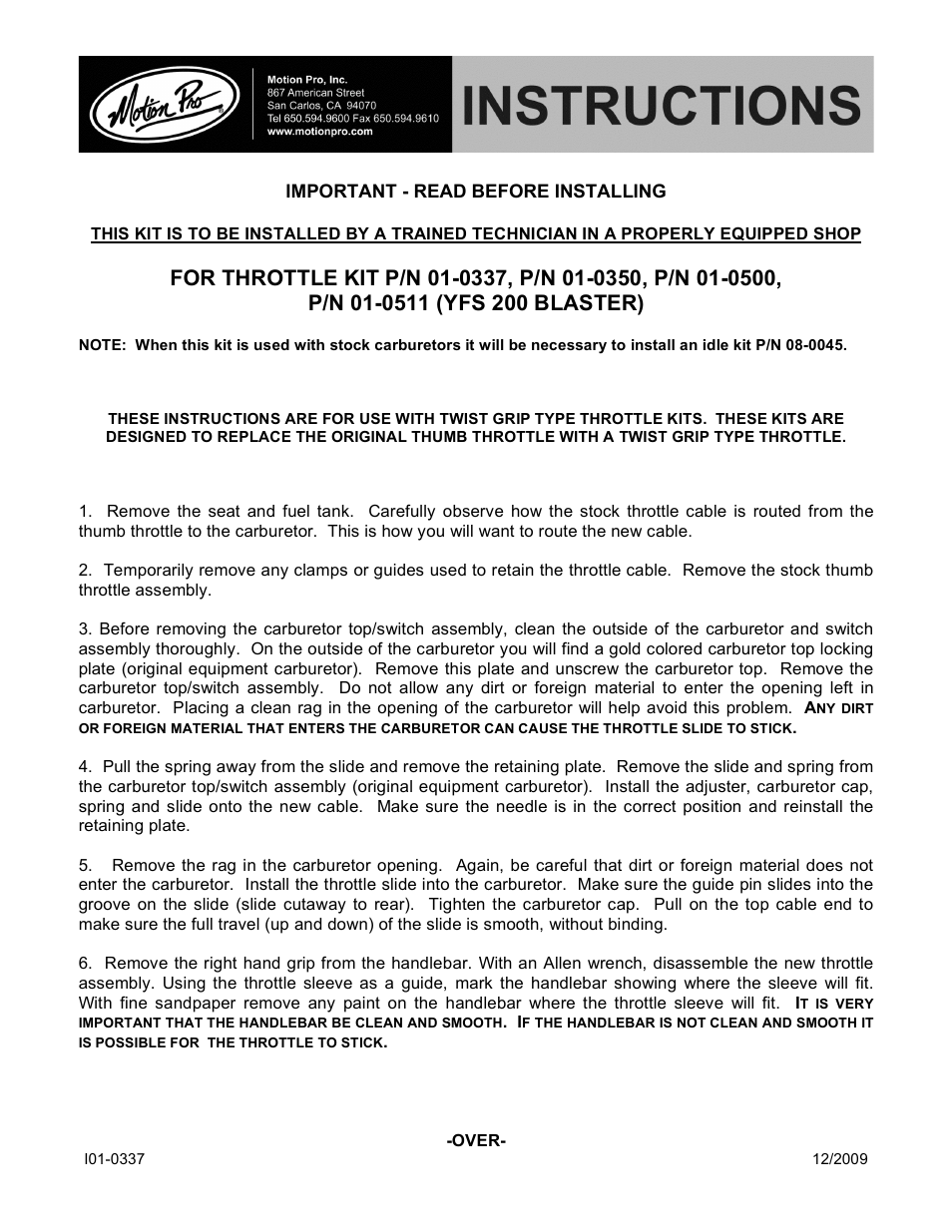 Motion Pro 01-0511 User Manual | 2 pages