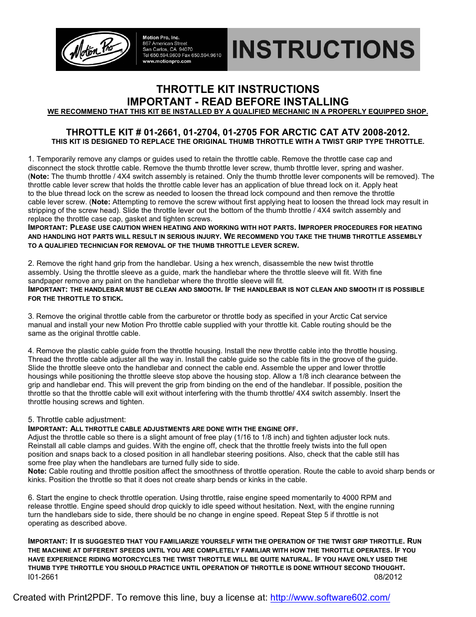 Motion Pro 01-2705 User Manual | 1 page