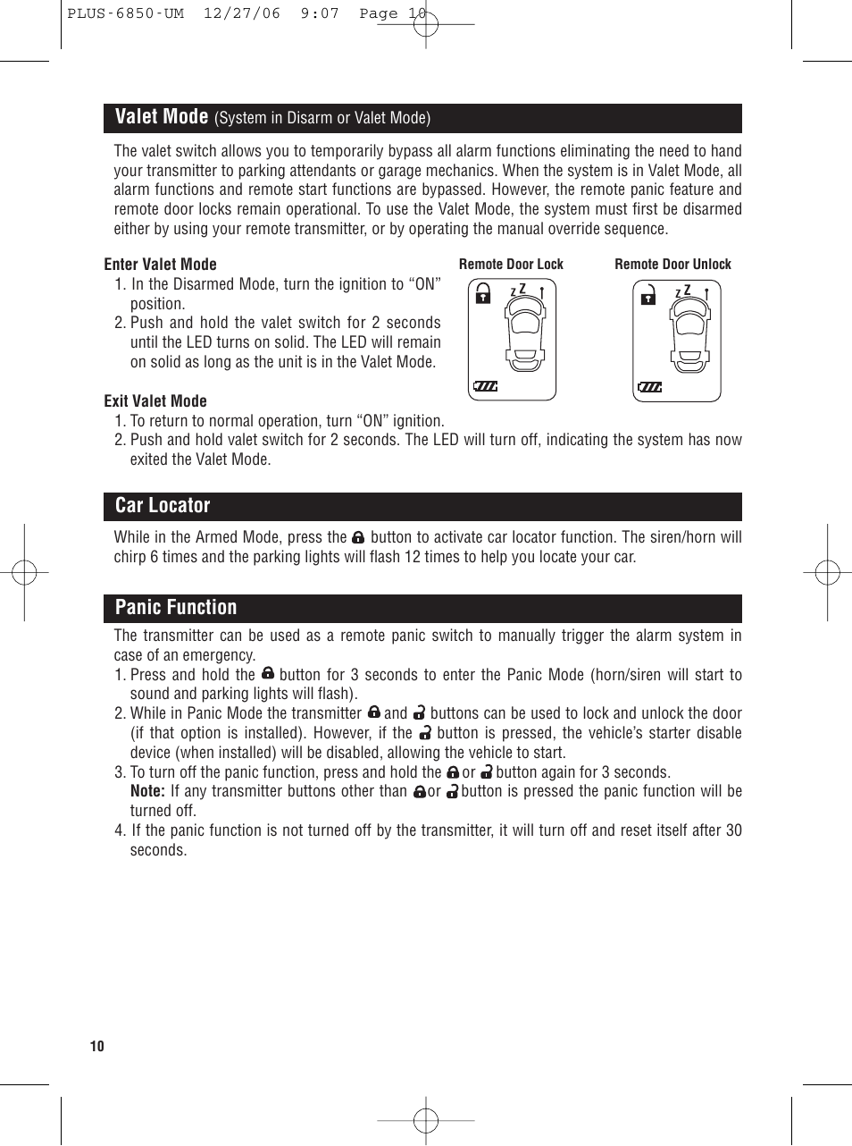 Valet mode, Car locator, Panic function | Carbine PLUS 6850 User Manual | Page 10 / 20