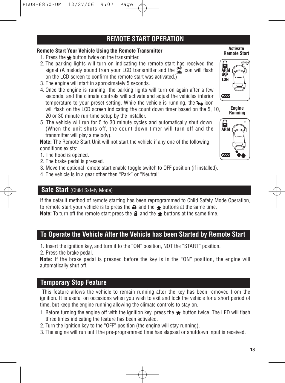 Remote start operation, Safe start | Carbine PLUS 6850 User Manual | Page 13 / 20