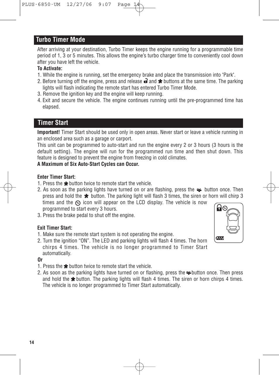 Turbo timer mode timer start | Carbine PLUS 6850 User Manual | Page 14 / 20