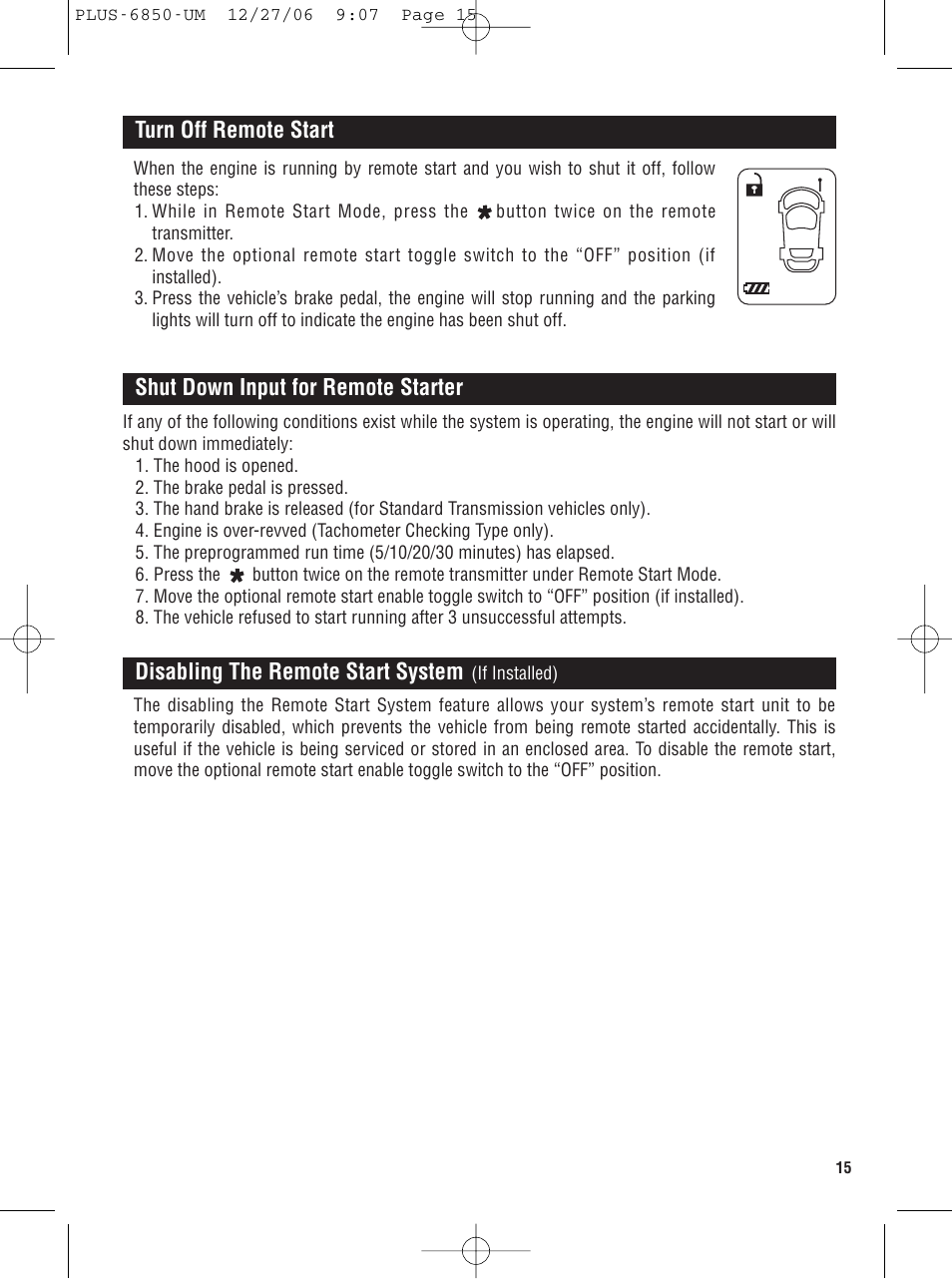 Turn off remote start, Shut down input for remote starter, Disabling the remote start system | Carbine PLUS 6850 User Manual | Page 15 / 20