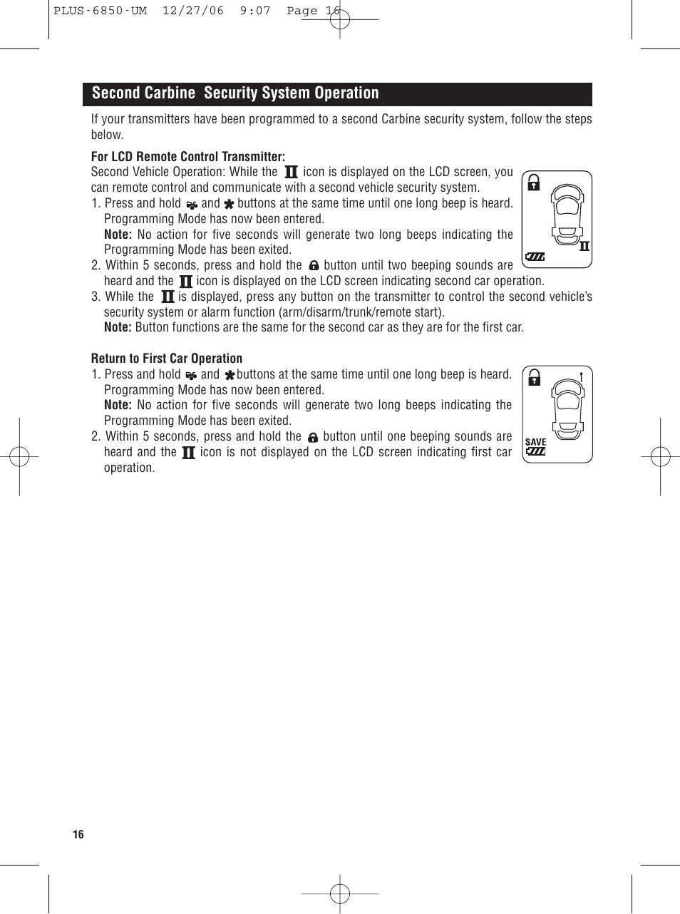Second carbine security system operation | Carbine PLUS 6850 User Manual | Page 16 / 20
