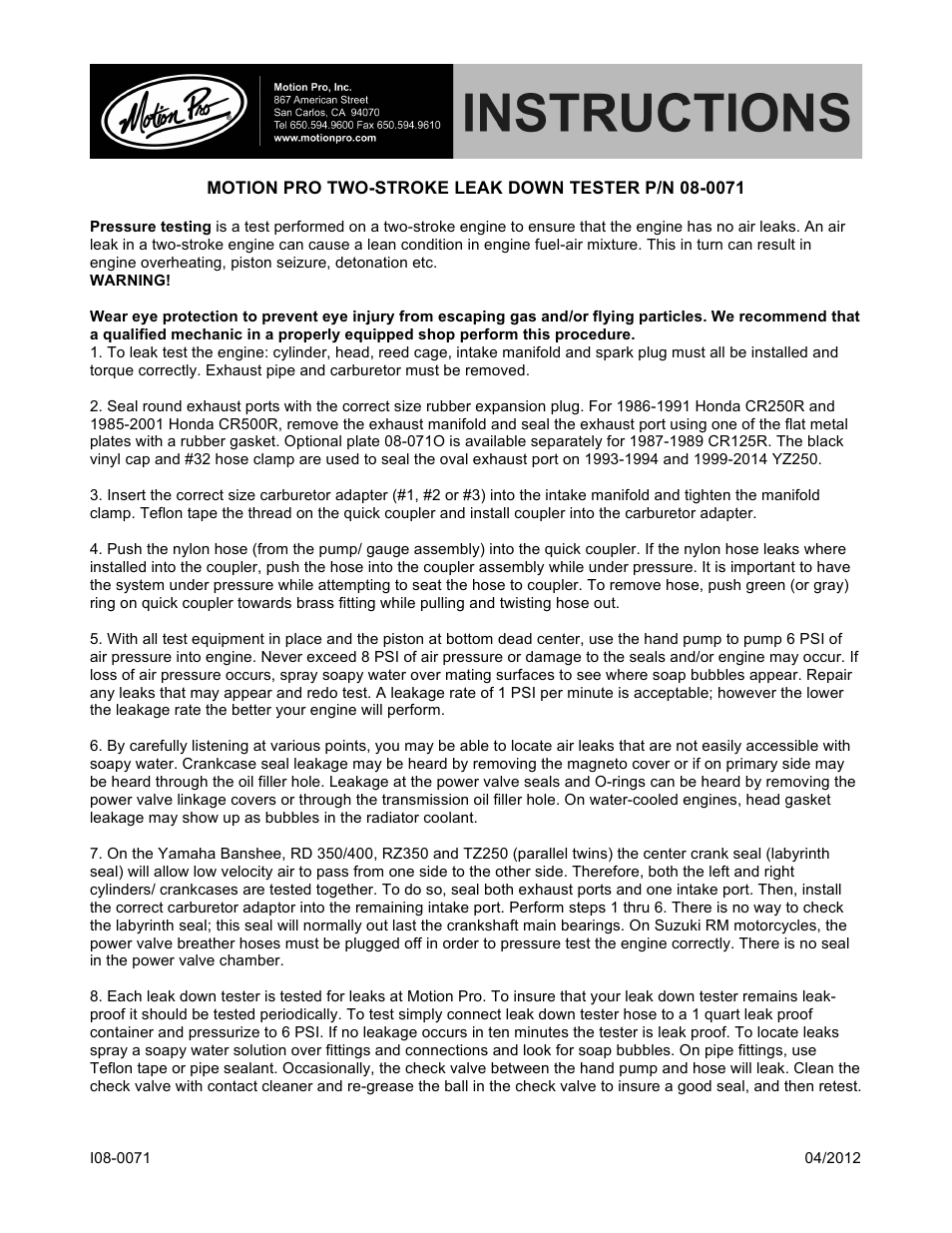 Motion Pro 08-0071 User Manual | 1 page