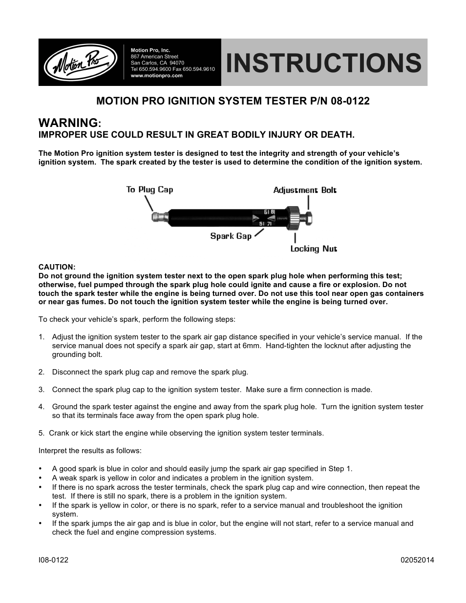 Motion Pro 08-0122 User Manual | 1 page