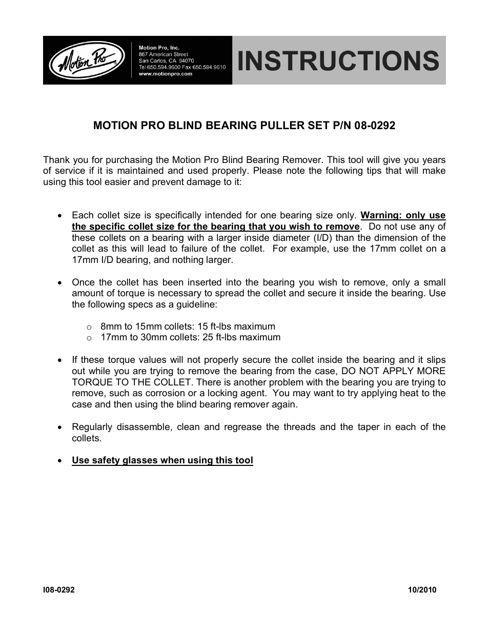 Motion Pro 08-0292 User Manual | 1 page