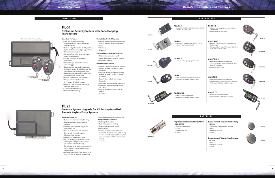Pl21, Pl61, Remote transmitters and batteries security systems | Carbine 6850 User Manual | Page 9 / 12