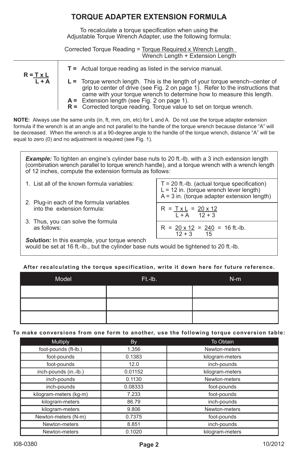 Torque adapter extension formula | Motion Pro 08-0380 User Manual | Page 2 / 2