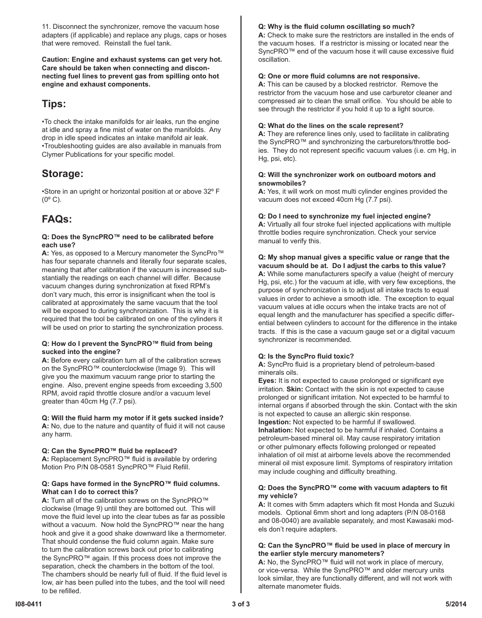 Tips, Storage, Faqs | Motion Pro 08-0411 User Manual | Page 3 / 3