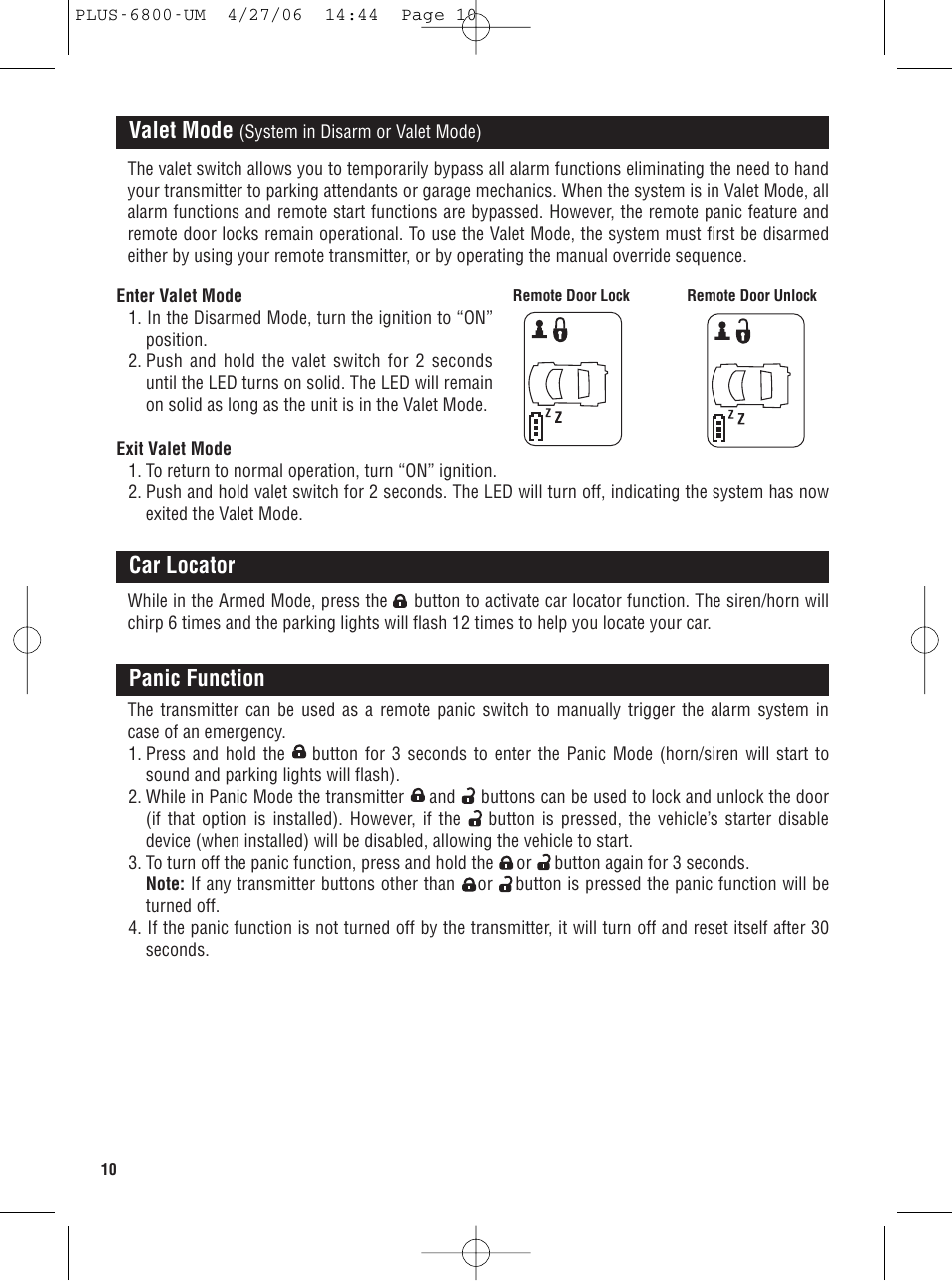 Valet mode, Car locator, Panic function | Carbine PLUS-6800 User Manual | Page 10 / 20