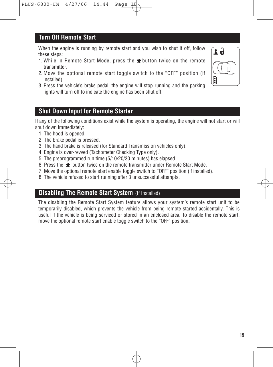 Turn off remote start, Shut down input for remote starter, Disabling the remote start system | Carbine PLUS-6800 User Manual | Page 15 / 20