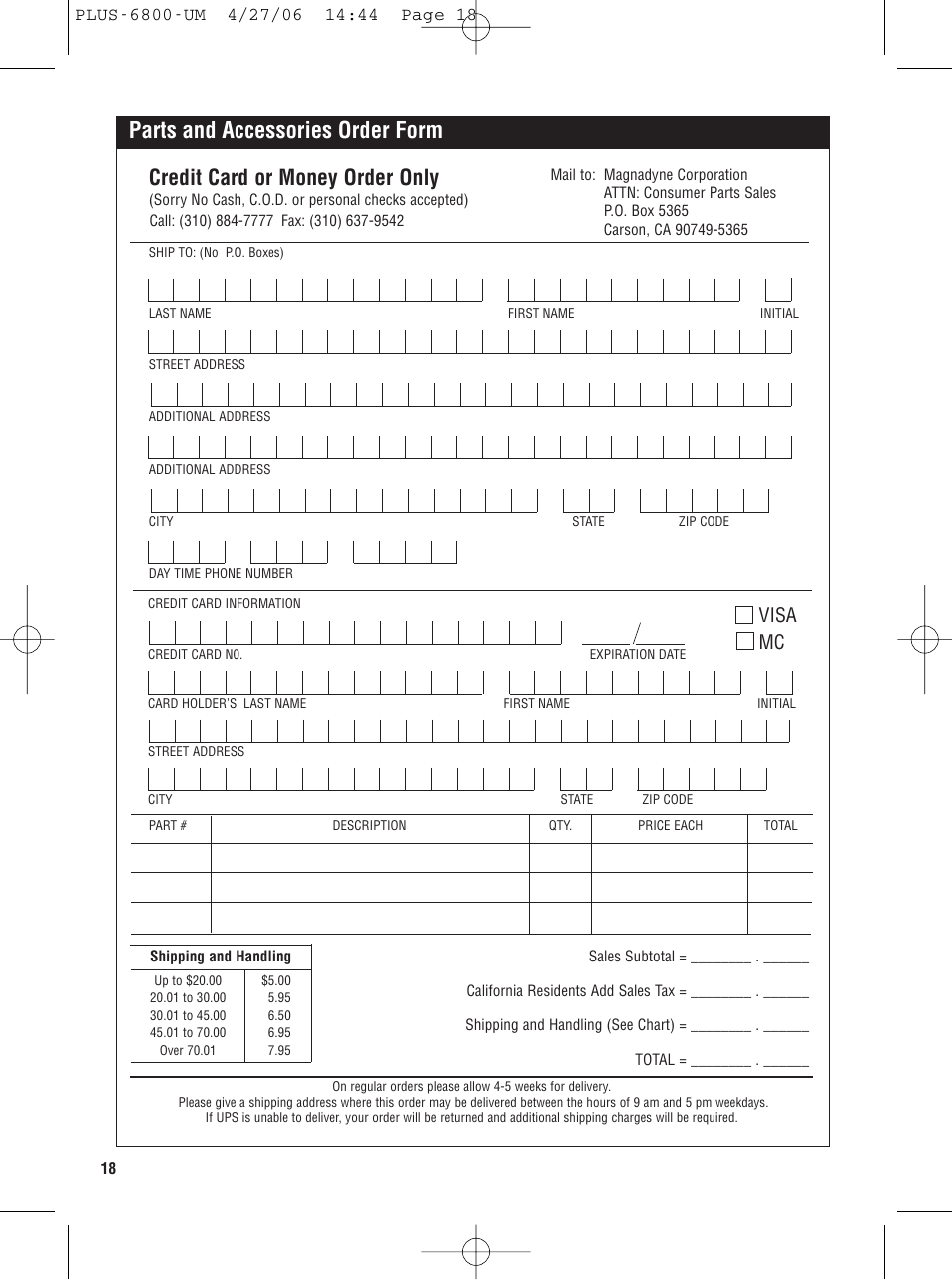 Parts and accessories order form, Credit card or money order only, Visa mc | Carbine PLUS-6800 User Manual | Page 18 / 20