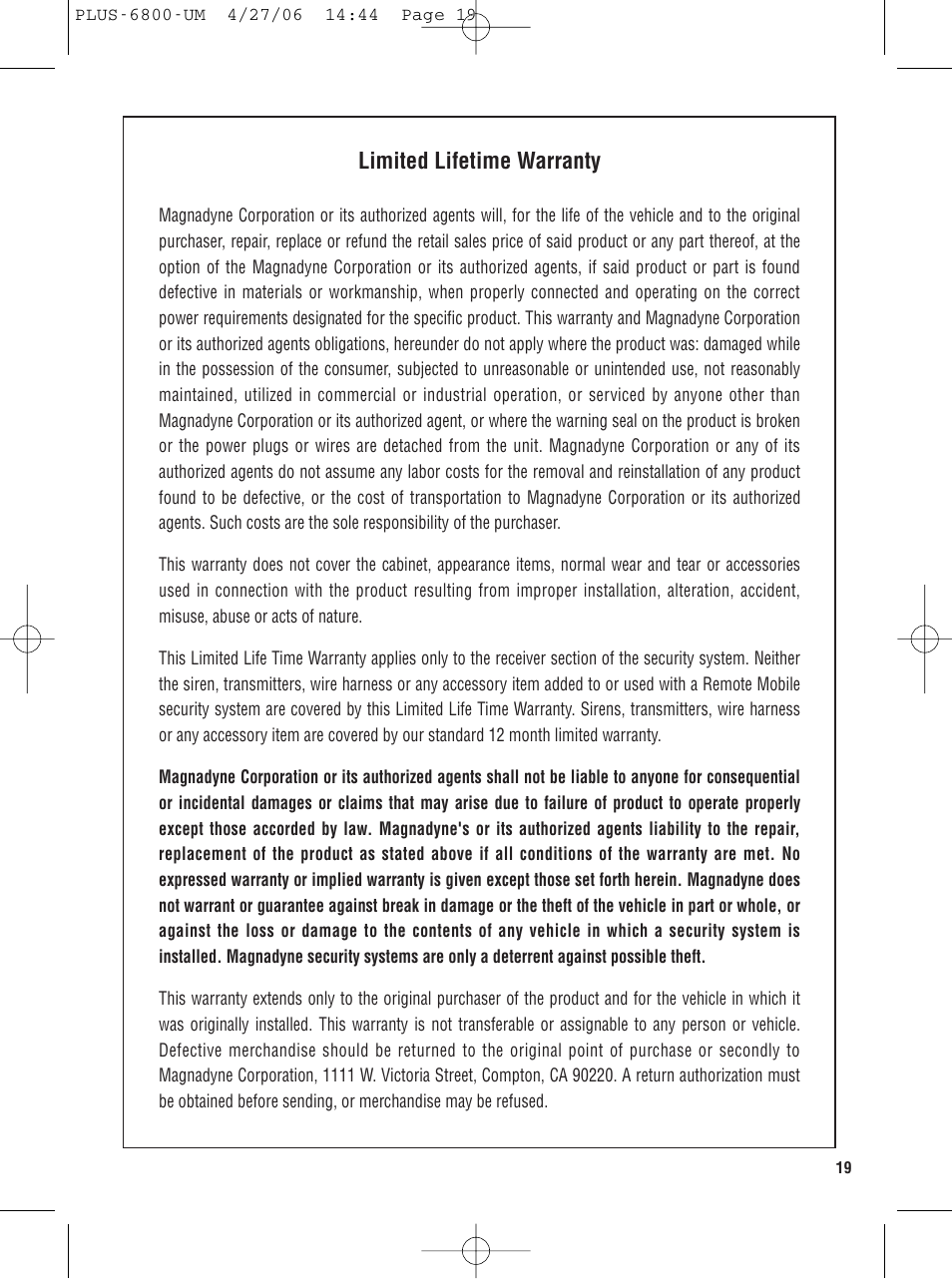 Limited lifetime warranty | Carbine PLUS-6800 User Manual | Page 19 / 20