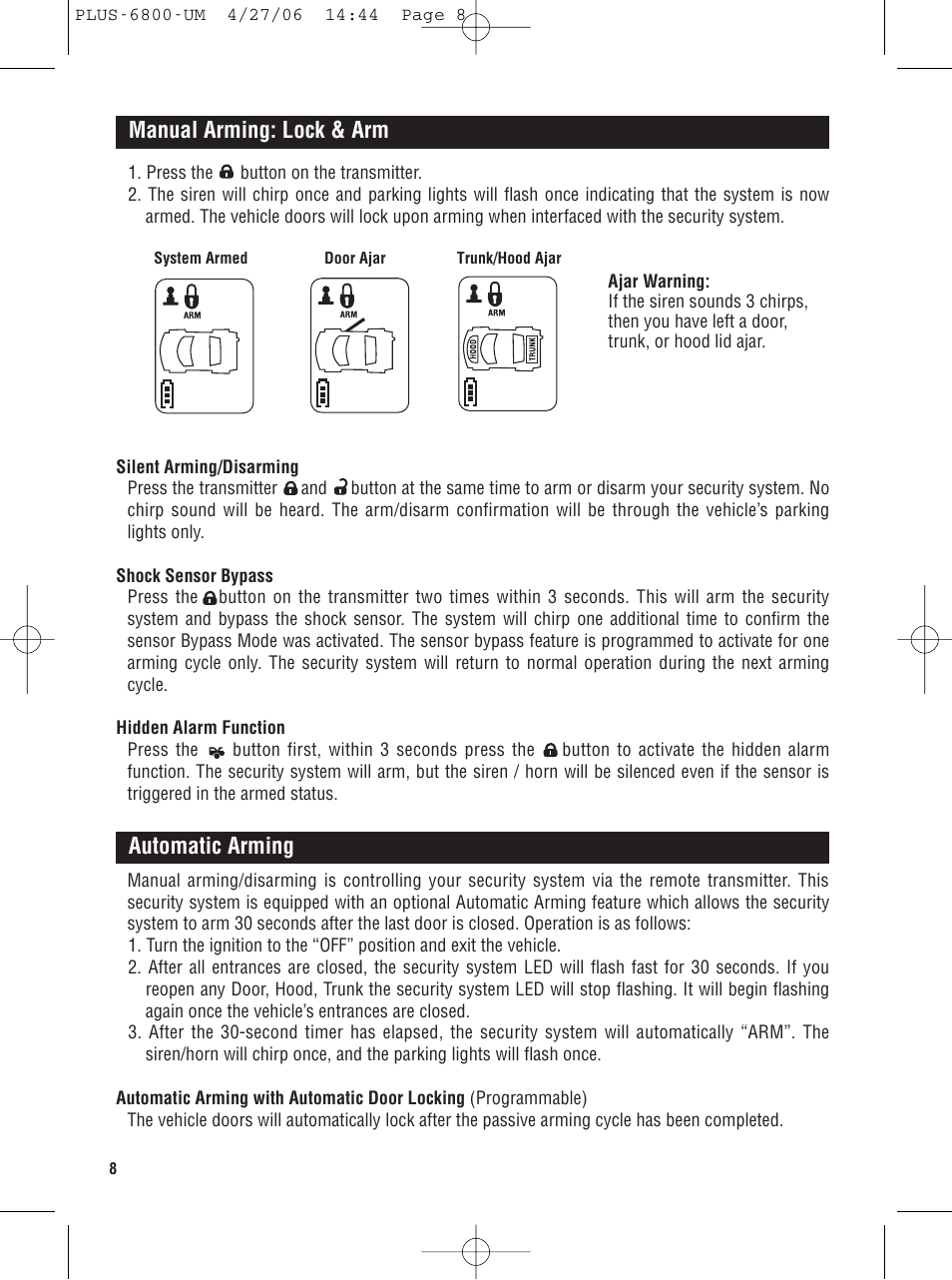 Manual arming: lock & arm, Automatic arming | Carbine PLUS-6800 User Manual | Page 8 / 20