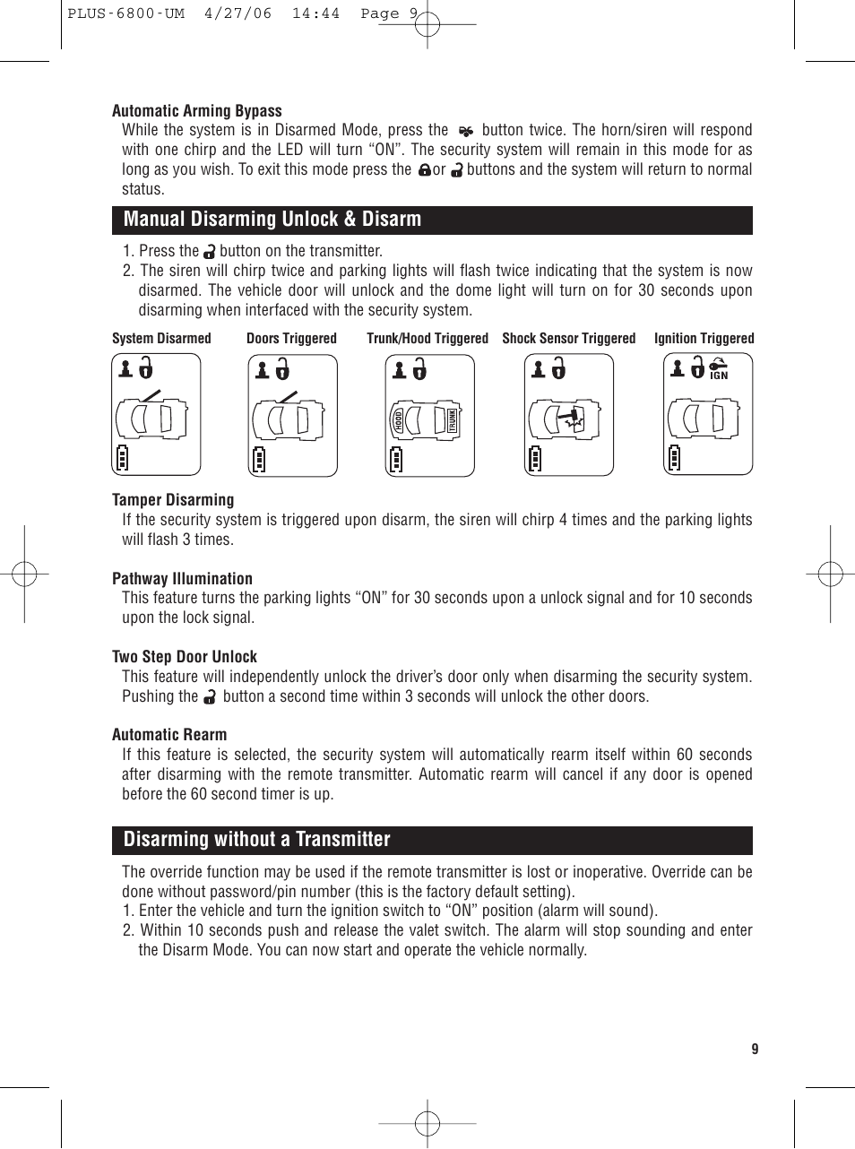 Manual disarming unlock & disarm, Disarming without a transmitter | Carbine PLUS-6800 User Manual | Page 9 / 20