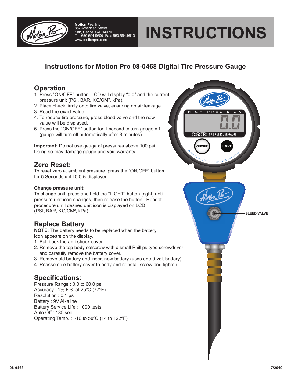 Motion Pro 08-0468 User Manual | 1 page