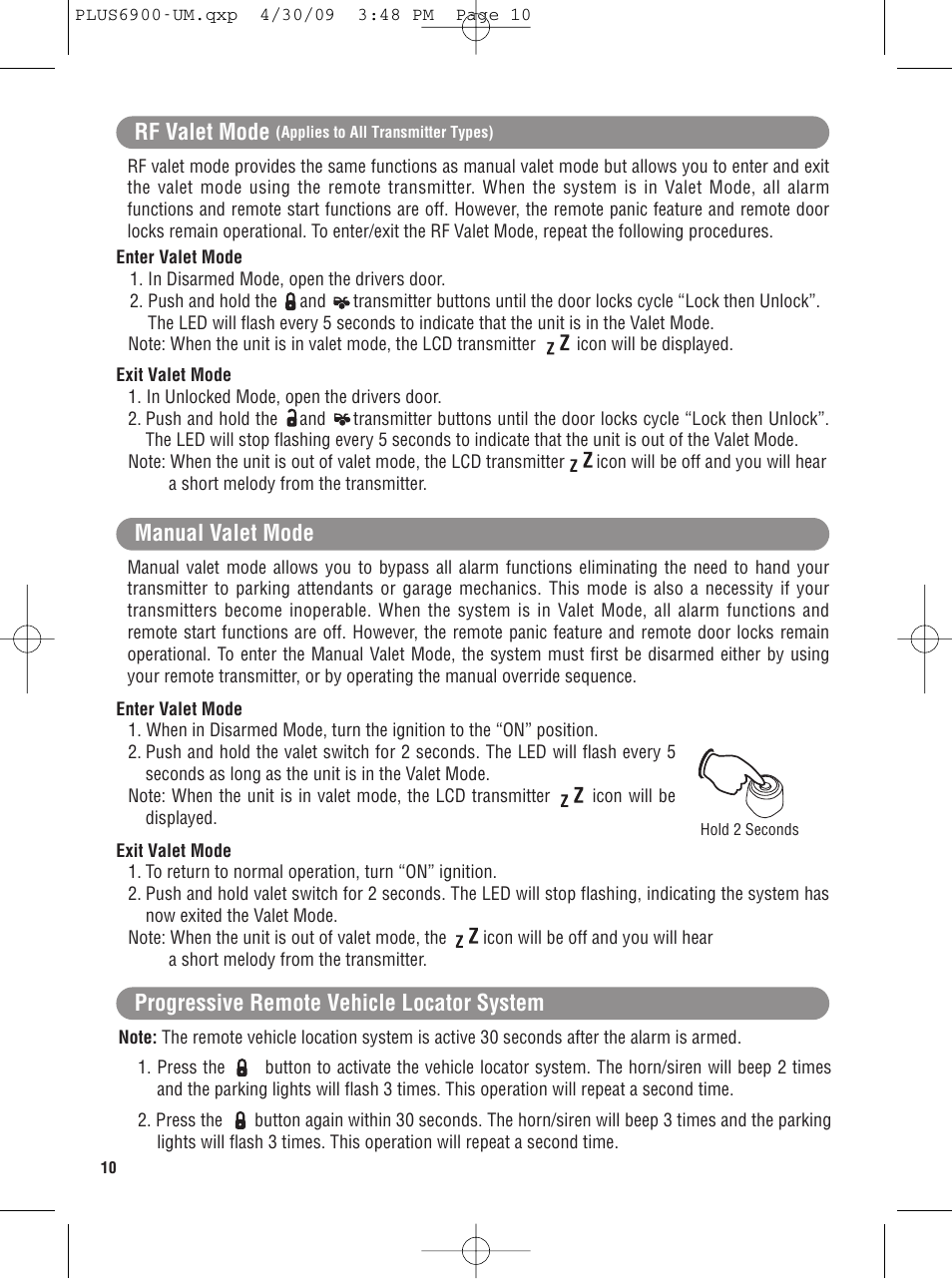 Manual valet mode rf valet mode, Progressive remote vehicle locator system | Carbine PLUS-6900 User Manual | Page 10 / 20