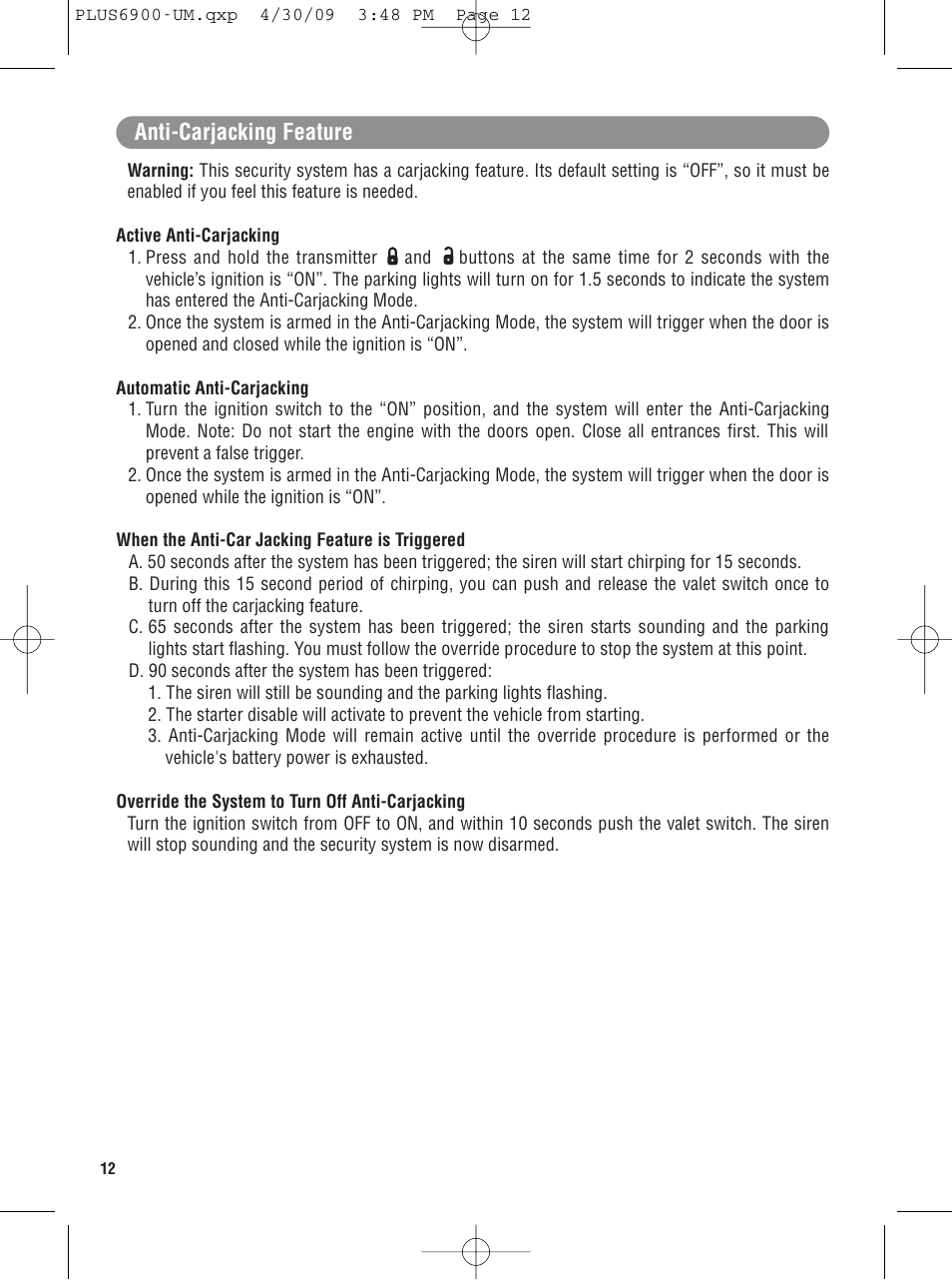 Anti-carjacking feature | Carbine PLUS-6900 User Manual | Page 12 / 20
