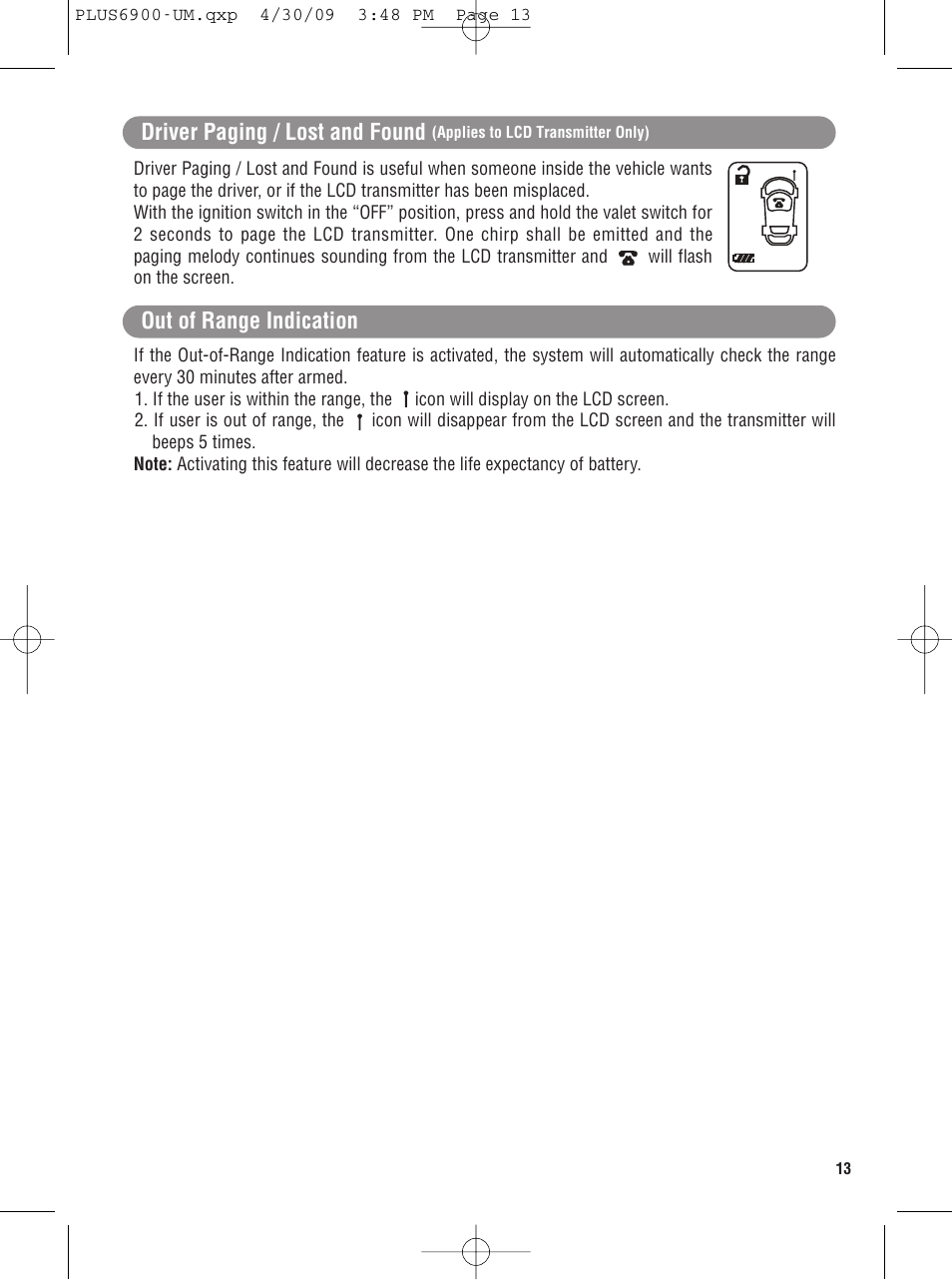Driver paging / lost and found, Out of range indication | Carbine PLUS-6900 User Manual | Page 13 / 20