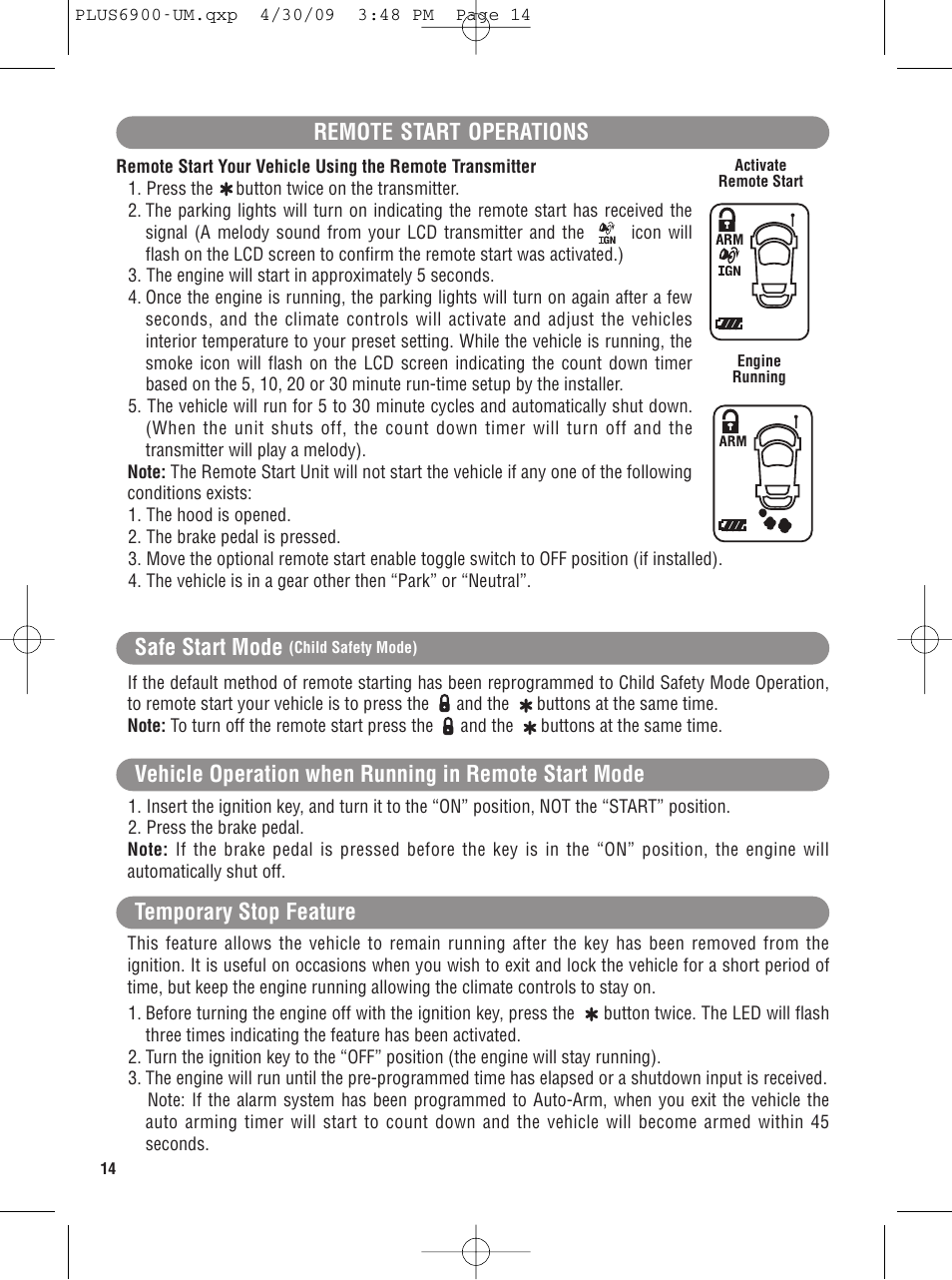 Safe start mode, Remote start operations | Carbine PLUS-6900 User Manual | Page 14 / 20