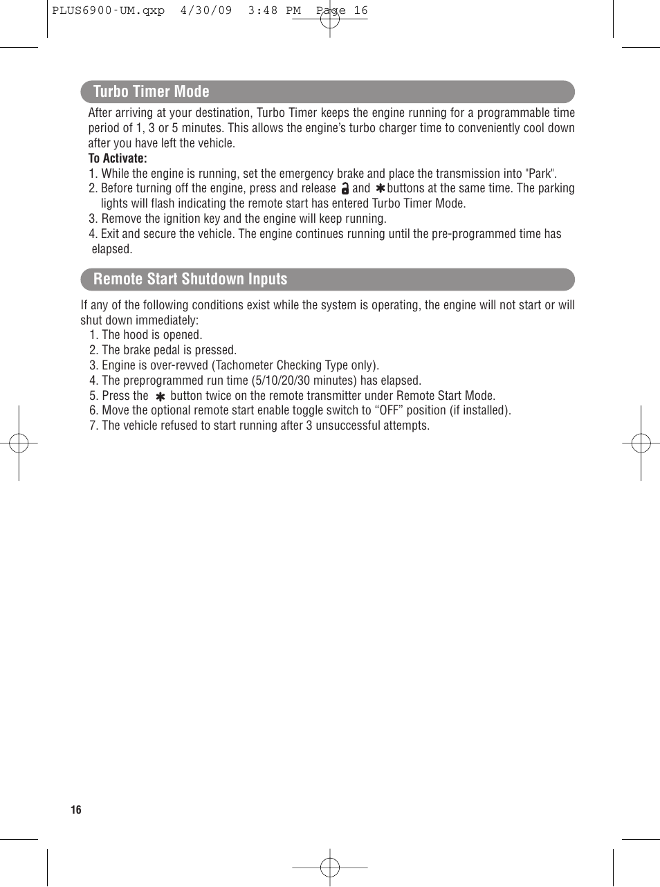 Remote start shutdown inputs turbo timer mode | Carbine PLUS-6900 User Manual | Page 16 / 20
