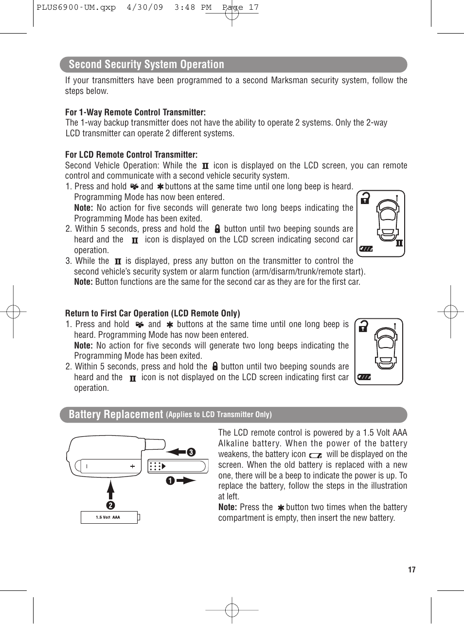 Second security system operation, Battery replacement | Carbine PLUS-6900 User Manual | Page 17 / 20