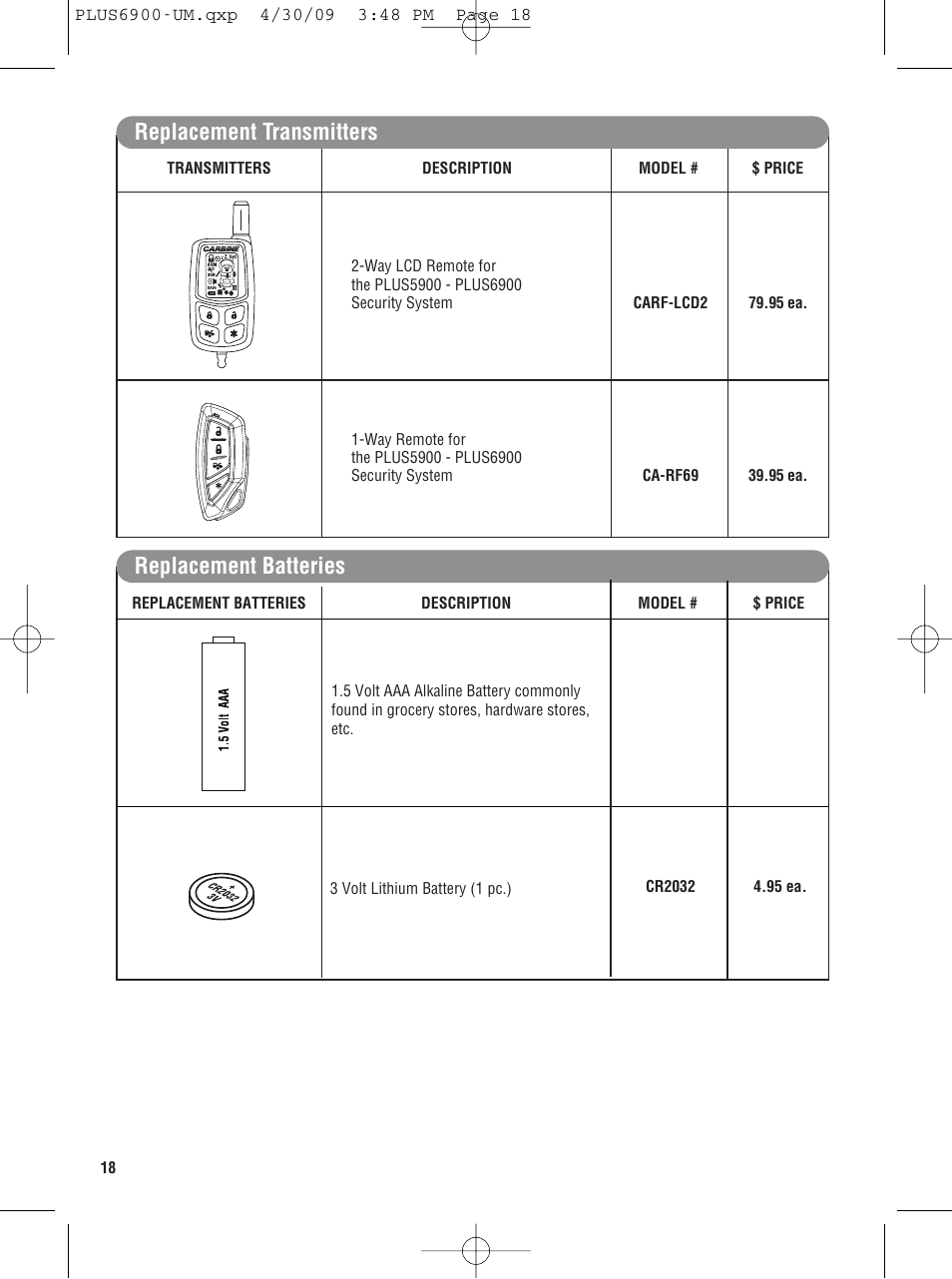 Replacement transmitters replacement batteries | Carbine PLUS-6900 User Manual | Page 18 / 20