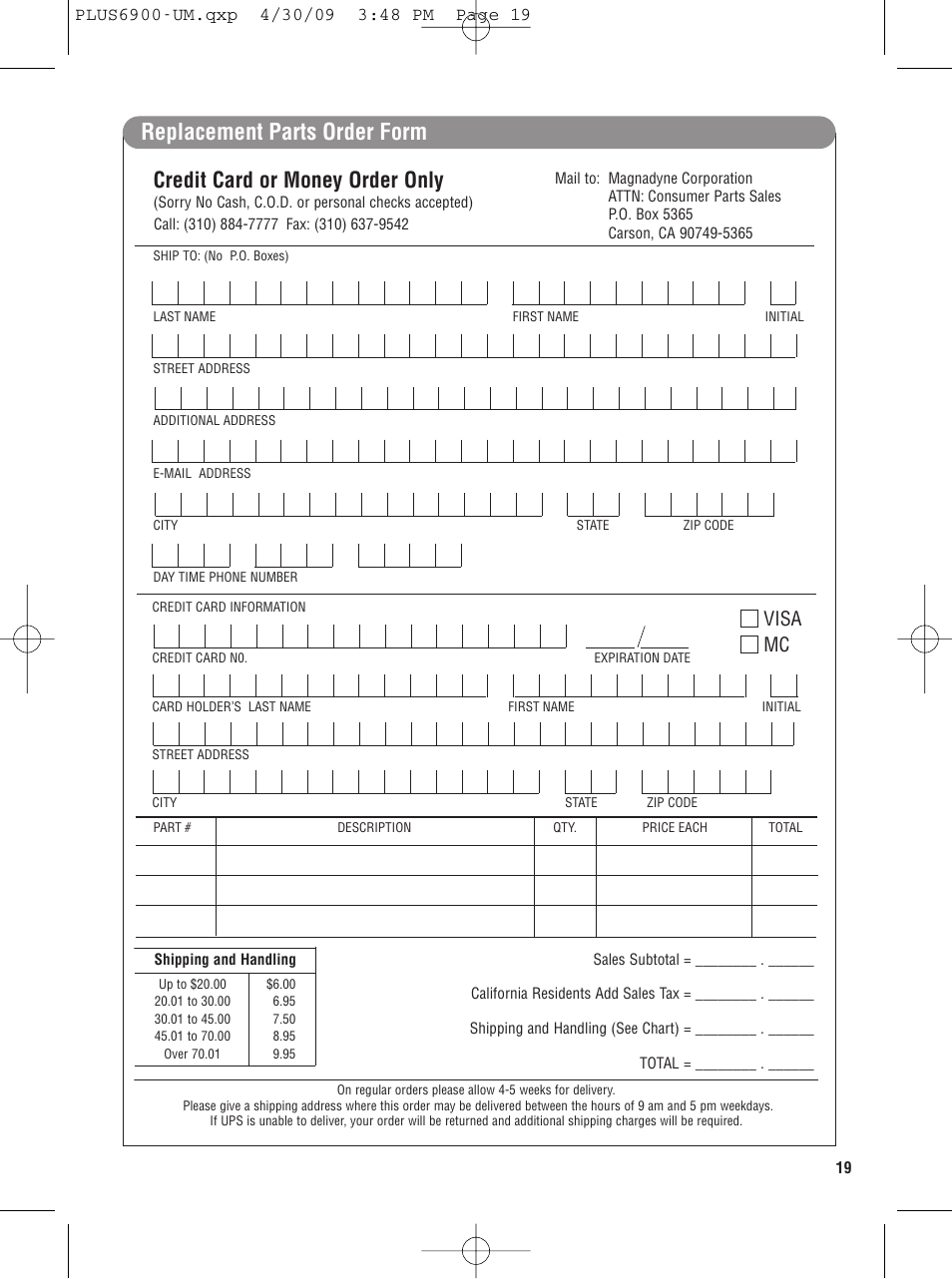 Replacement parts order form, Credit card or money order only, Visa mc | Carbine PLUS-6900 User Manual | Page 19 / 20