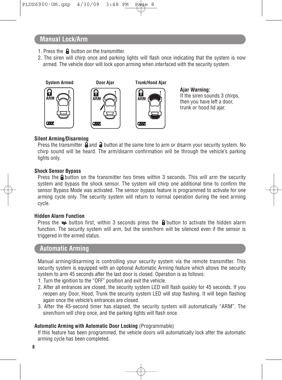 Manual lock/arm automatic arming | Carbine PLUS-6900 User Manual | Page 8 / 20