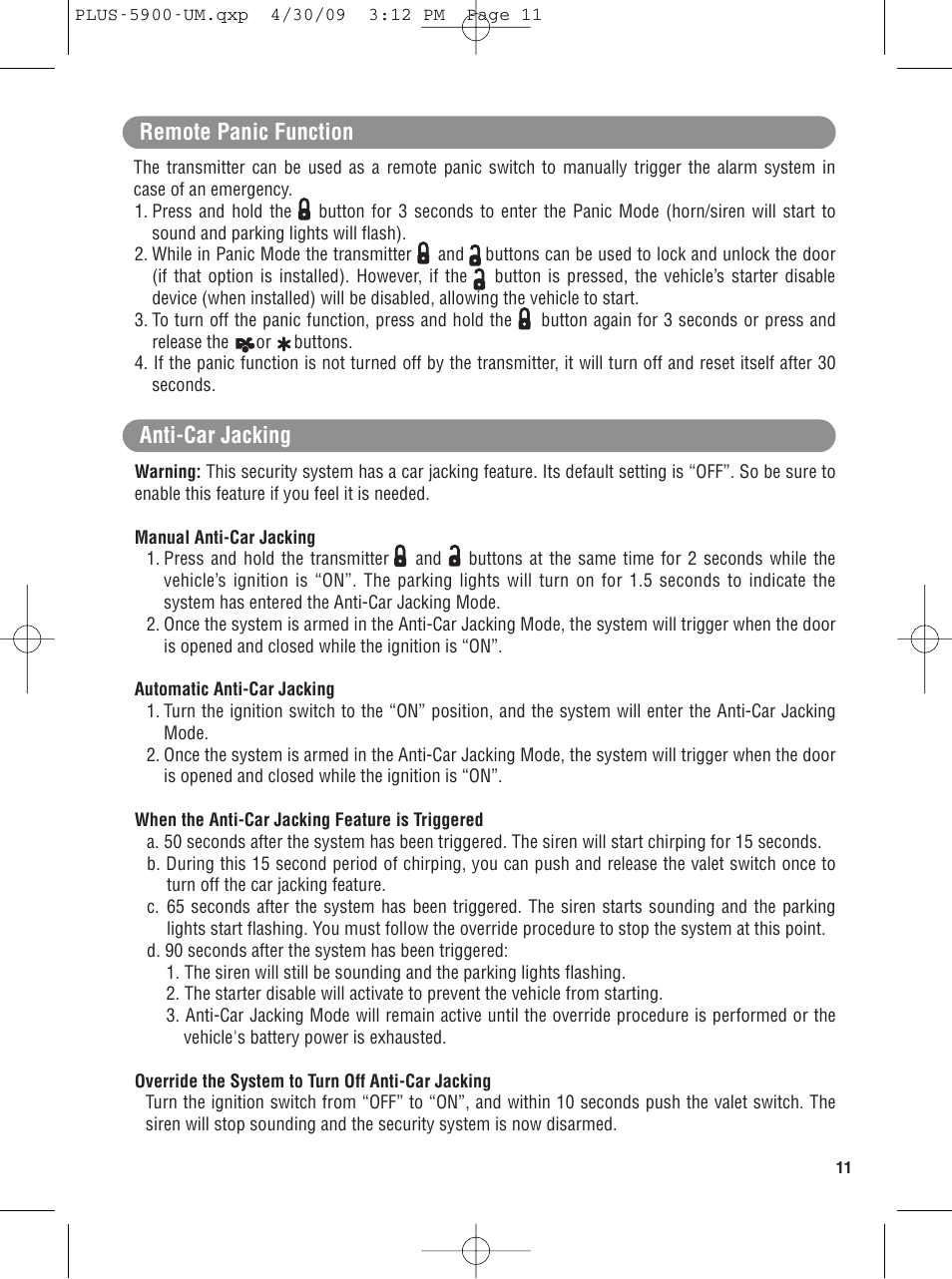 Anti-car jacking remote panic function | Carbine PLUS-5900 User Manual | Page 11 / 16
