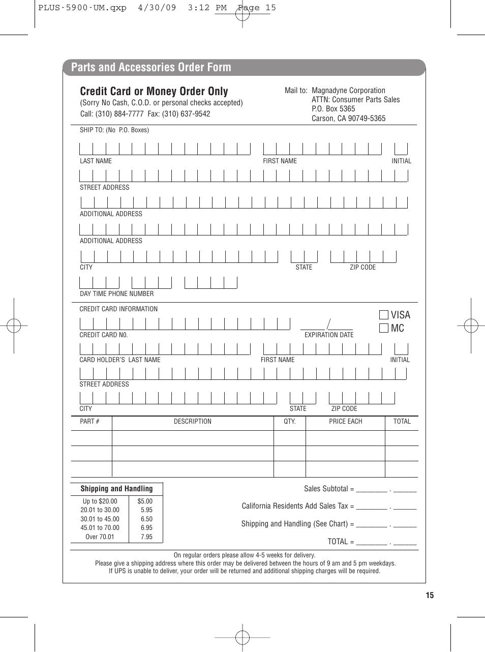 Parts and accessories order form, Credit card or money order only, Visa mc | Carbine PLUS-5900 User Manual | Page 15 / 16