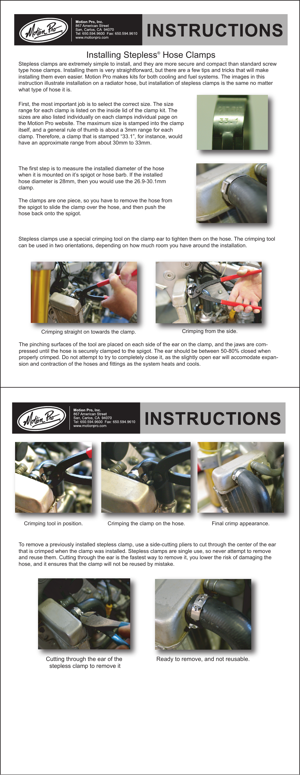 Motion Pro Stepless Hose Clamps User Manual | 1 page